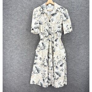La Jones Of America Shirt Dress Women 10 Beige Floral Button Up Collared Midi